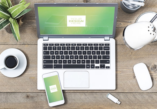 Top View Mockup of Laptop and Smartphone on Wooden Desk 1