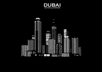 Dubai skyline with panorama in sky background. Vector Illustration. Business travel and tourism concept with modern buildings. Image for banner or web site.