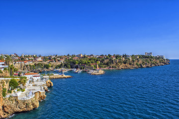 Fototapeta na wymiar Panoramic view on a harbor in old town Kaleici. Antalya, Turkey