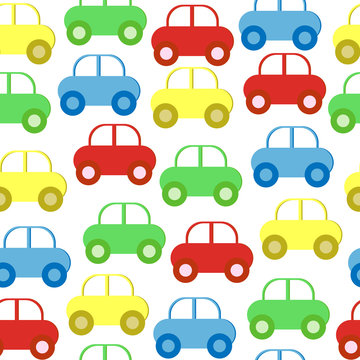 Seamless children pattern with cars on white background.