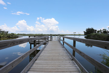 Fototapeta na wymiar wood dock walkway in waterway