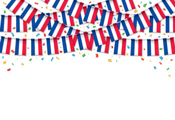 France flags garland white background with confetti, Hang bunting for Franch independence Day celebration template banner, Vector illustration