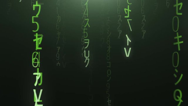 Flight through the falling green matrix code