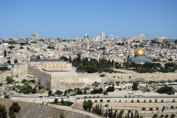 Panoramic view of the temple in Jerusalem with the dome of the rock
