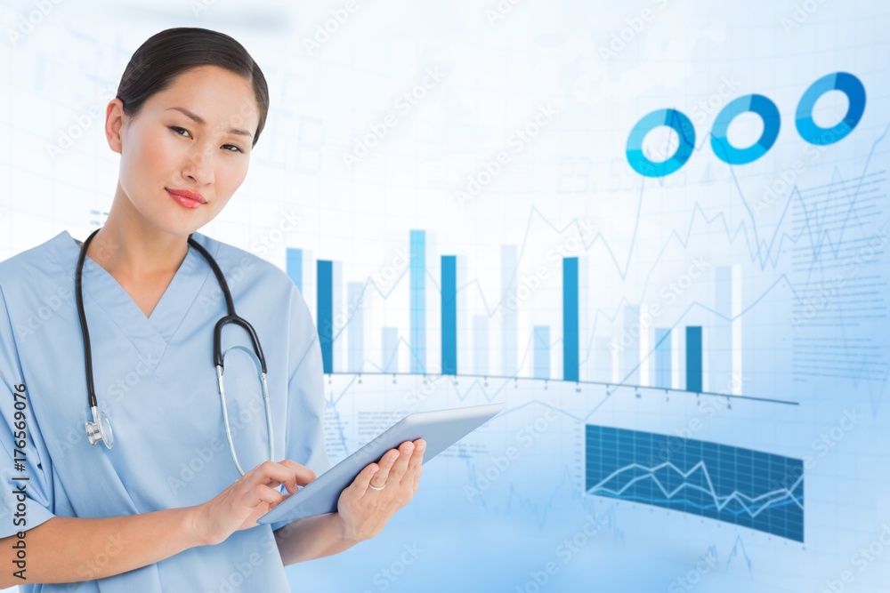 Poster composite image of surgeon using digital tablet with group