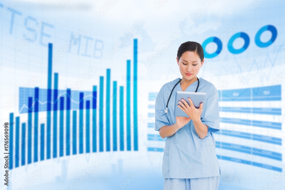 Poster composite image of surgeon using digital tablet with group