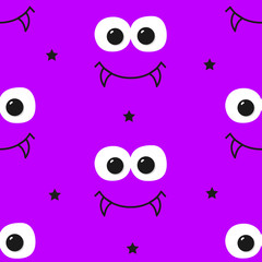 Happy Halloween pattern with stars, big eyes and vampire's smile. Vector background for textile and wrapping.