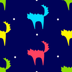 Seamless pattern in polka dot with color cats. Vector background for textile and wrapping.