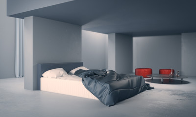Clean concrete bedroom interior