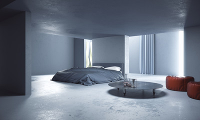 Abstract concrete bedroom interior