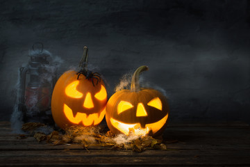 Scary halloween pumpkin in a spooky night. Halloween scene.