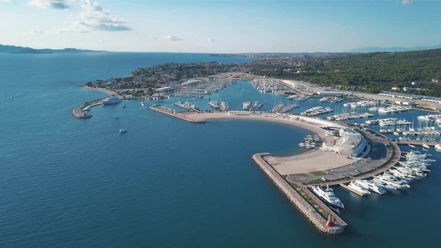 Aerial view of beautiful modern marine of Sukosan densely packed with sailing boats and yachts, Marina Dalmacija. Croatia