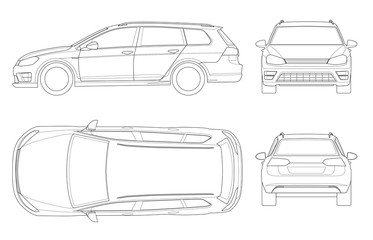 Vector hatchback car in outline. Compact Hybrid Vehicle. Eco-friendly hi-tech auto. Easy to change the thickness of the lines. Template vector isolated on white View front, rear, side, top - obrazy, fototapety, plakaty