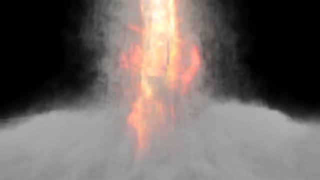 Animated realistic intense fire and smoke bursting from launching rocket. Close up of a single booster rocket's exhaust flames or tail. Black background, mask included.