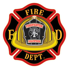 Obraz premium Fire Department Cross Volunteer Yellow Helmet is an illustration of a fireman or firefighter Maltese cross emblem with a yellow volunteer firefighter helmet and badge in the foreground.