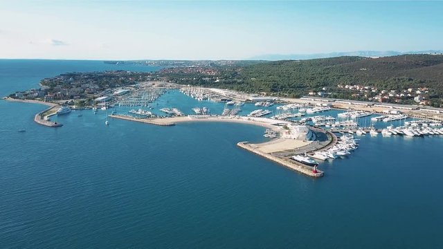 Aerial view of beautiful modern marine of Sukosan densely packed with sailing boats and yachts, Marina Dalmacija. Croatia