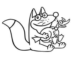 Cartoon fox caught a big duck and was sitting happy. Vector illustration.