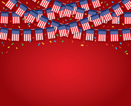 Garland USA Flags with red background, Template Banner, Hanging Bunting Flags for July 4th national holiday celebration, Vector illustration