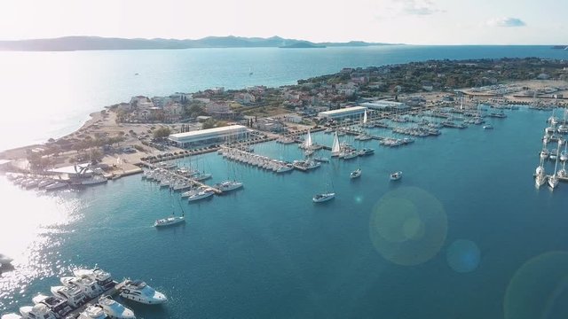 Aerial view of beautiful modern marine of Sukosan densely packed with sailing boats and yachts, Marina Dalmacija. Croatia