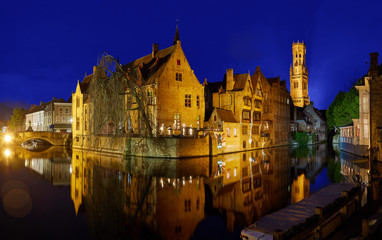 Night panoramic Bruges Canal