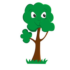 A cartoon tree smiles, closing his mouth with his palm