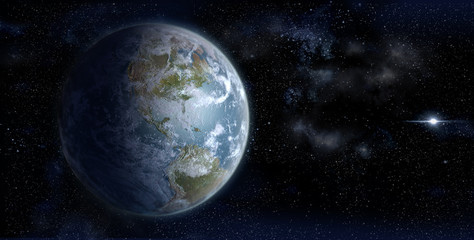Obraz na płótnie Canvas 3D Rendering of Earth from space on a starfield backdrop with the North American continent in daylight, for science, business and space-related backgrounds. 