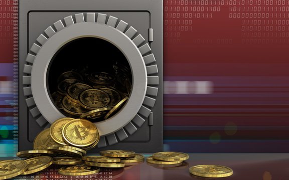 3d bitcoins heap over digital red