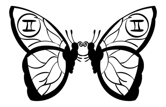 Gemini - two identical butterflies with the symbol for Gemini on their wings. Outline.