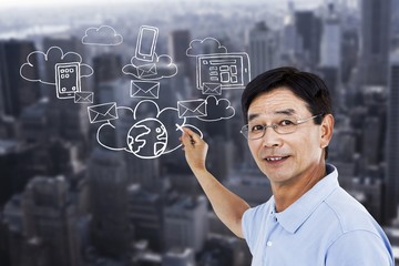 Composite image of elderly man pointing behind him