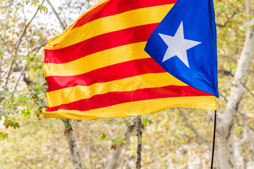 An estelada, the Catalan separatist flag, Barcelona, Catalunya, Spain. Close-up.