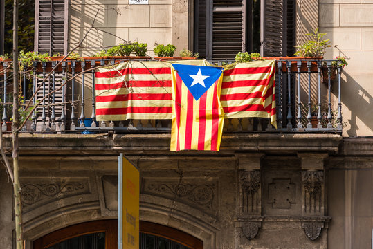 View of the balcony with a flag. Referendum on independence, Barcelona, Catalunya, Spain. Close-up.
