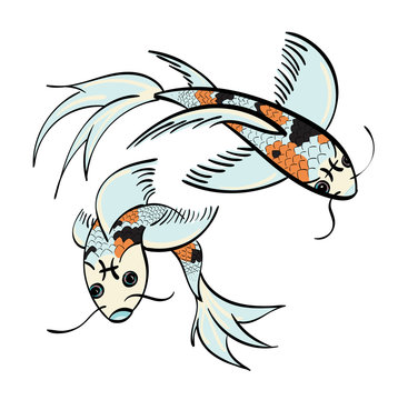 Pisces - two koi fish with the symbol for Pisces on their foreheads.