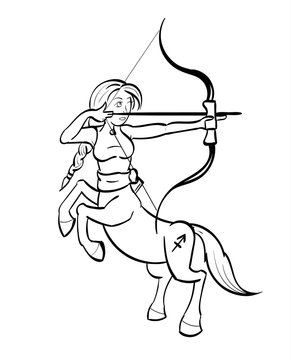 Sagittarius - Centaur aiming a bow and arrow with the symbol for Sagittarius on its hind quarter. Outline.