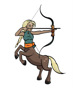 Sagittarius - Centaur aiming a bow and arrow with the symbol for Sagittarius on its hind quarter.
