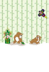 門松と凧揚げの犬のお正月の和風ポストカード