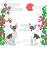 おしゃれな犬と梅の花の和風イラストポストカード