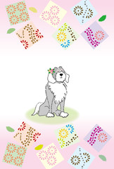 おしゃれな犬とピンクの和風柄のイラストポストカード