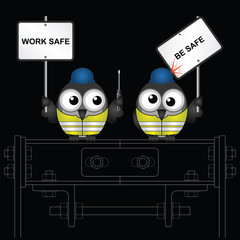 Comical construction workers with health and safety work safe be safe message 