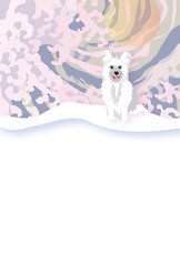 可愛い白い犬とピンクの波のイラストポストカード