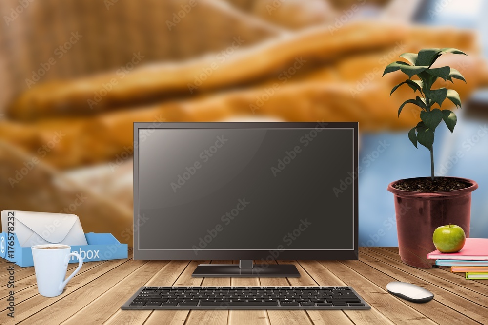 Poster composite image of a computer over a desk