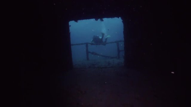 Underwater POV exploring inside the USS Spiegel Grove wreck, in the Florida Keys. 