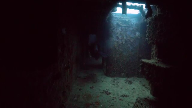 Underwater POV exploring inside the USS Spiegel Grove wreck, in the Florida Keys. 