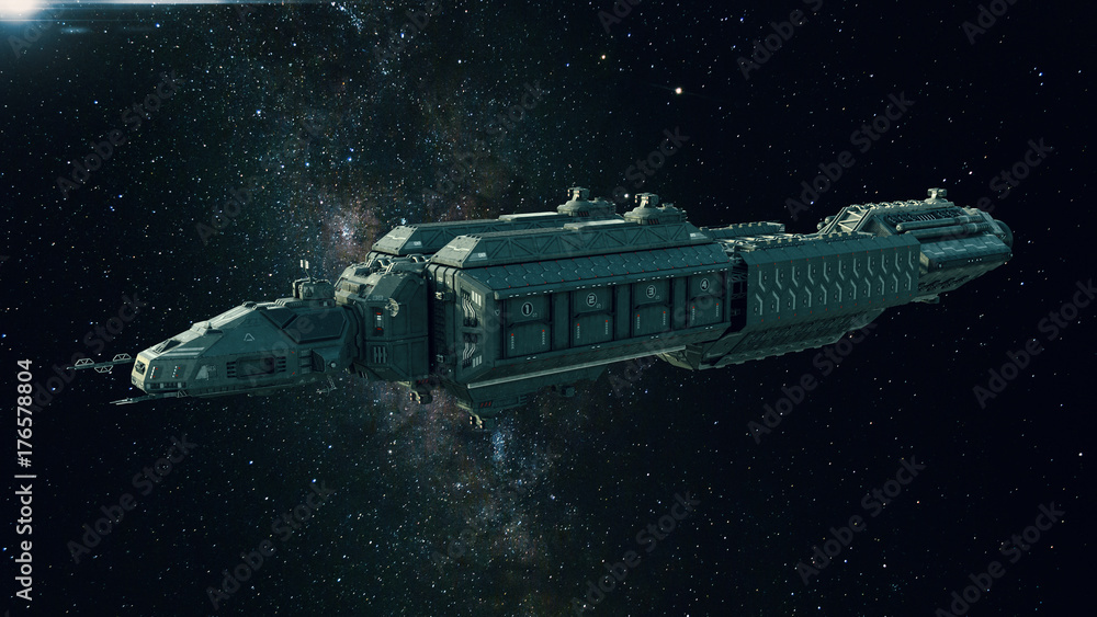 Wall mural spaceship in deep space, spacecraft flying through the universe with a bright star in distance, side