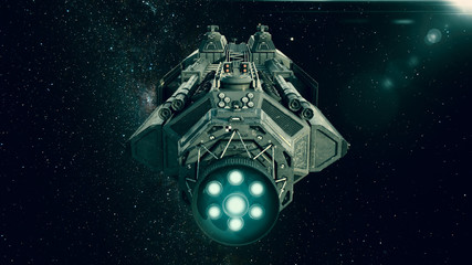 Spaceship in deep space, spacecraft flying through the universe with a bright star in distance, rear view