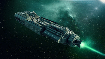 Spaceship in deep space, spacecraft flying through the universe with a bright star in distance, top rear view