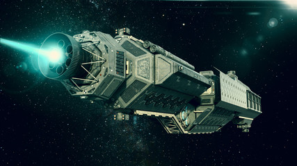 Spaceship in deep space, spacecraft flying through the universe with a bright star in distance, bottom rear view © freestyle_images