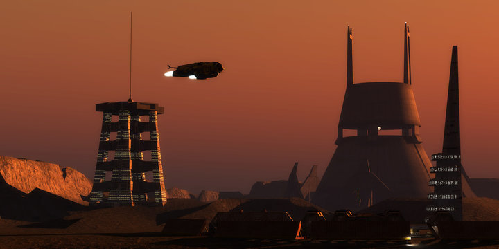 Martian Colonist Complex - Light glows from a colony complex on the planet Mars as a spaceship comes in for a landing from Earth.