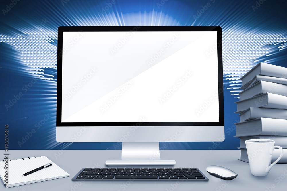 Poster composite image of image of a desk with computer