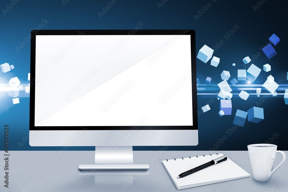 Poster composite image of image of a desk with computer