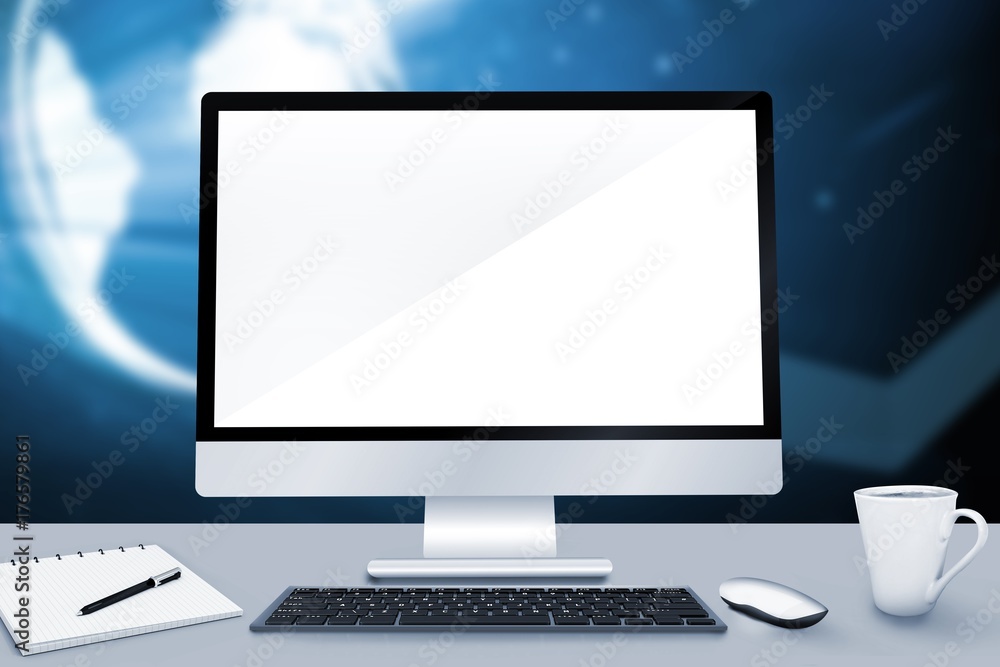 Poster composite image of image of a desk with computer